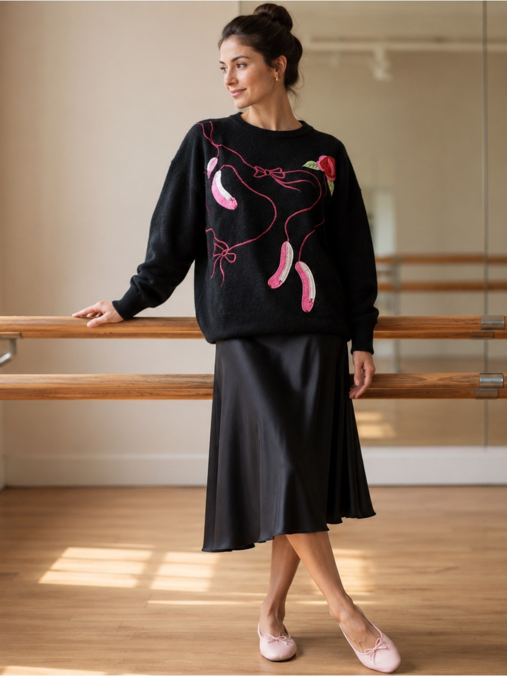 Vintage Cynles Ballet Slipper Sweater M Black Pink Art to Wear Balletcore